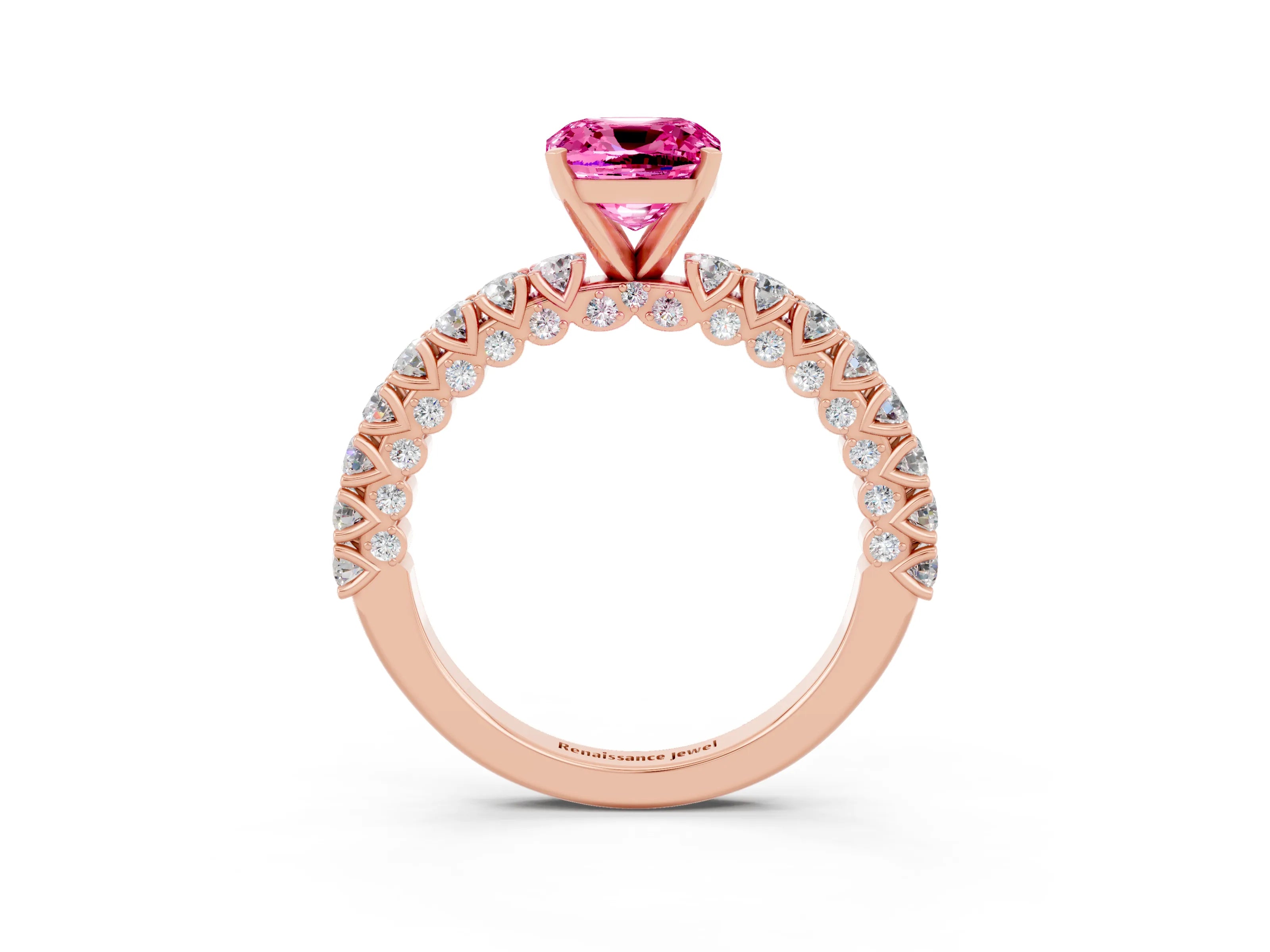 Rose gold Cushion Cut Diamond Pavé Band Solitaire Ring with Prong Setting_3