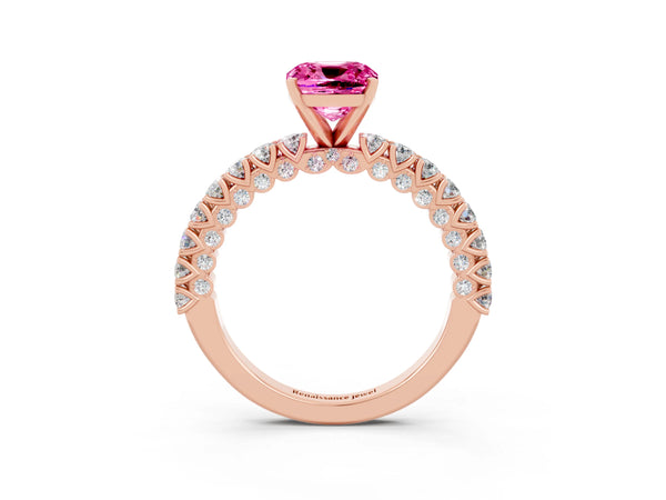 Rose gold Cushion Cut Diamond Pavé Band Solitaire Ring with Prong Setting
