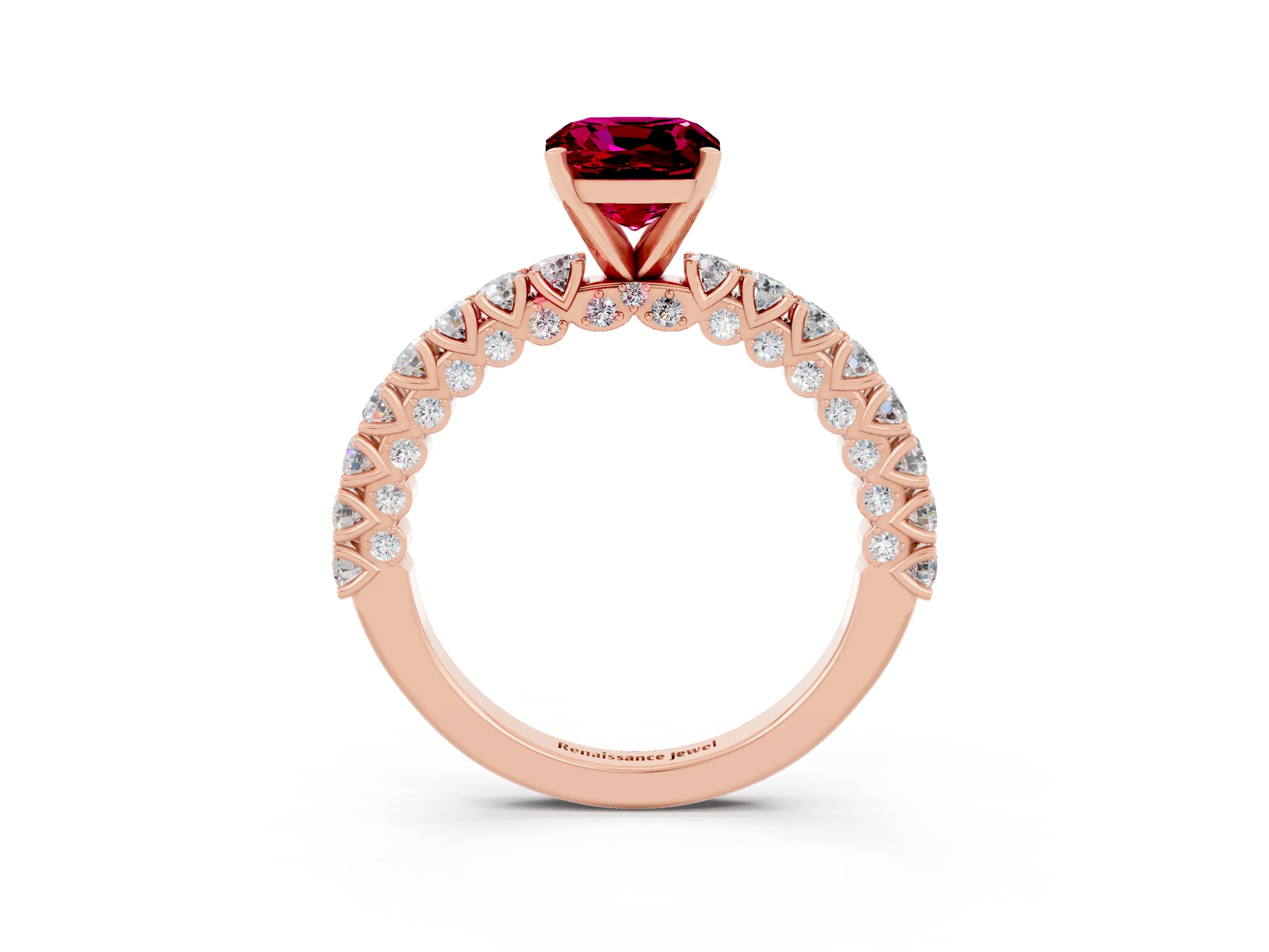 Rose gold Cushion Cut Diamond Pavé Band Solitaire Ring with Prong Setting_3