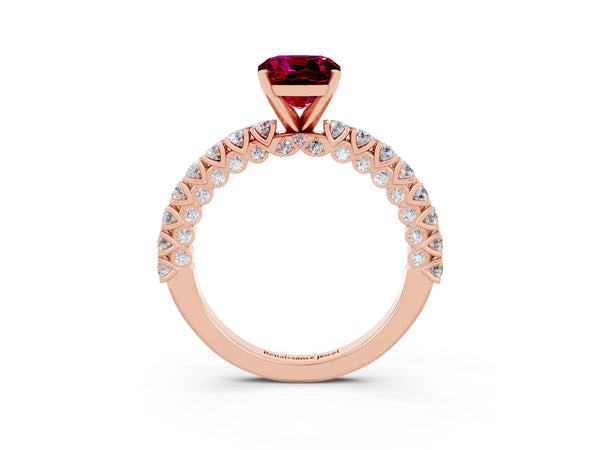Rose gold Cushion Cut Diamond Pavé Band Solitaire Ring with Prong Setting