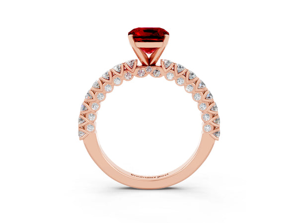 Rose gold Cushion Cut Diamond Pavé Band Solitaire Ring with Prong Setting