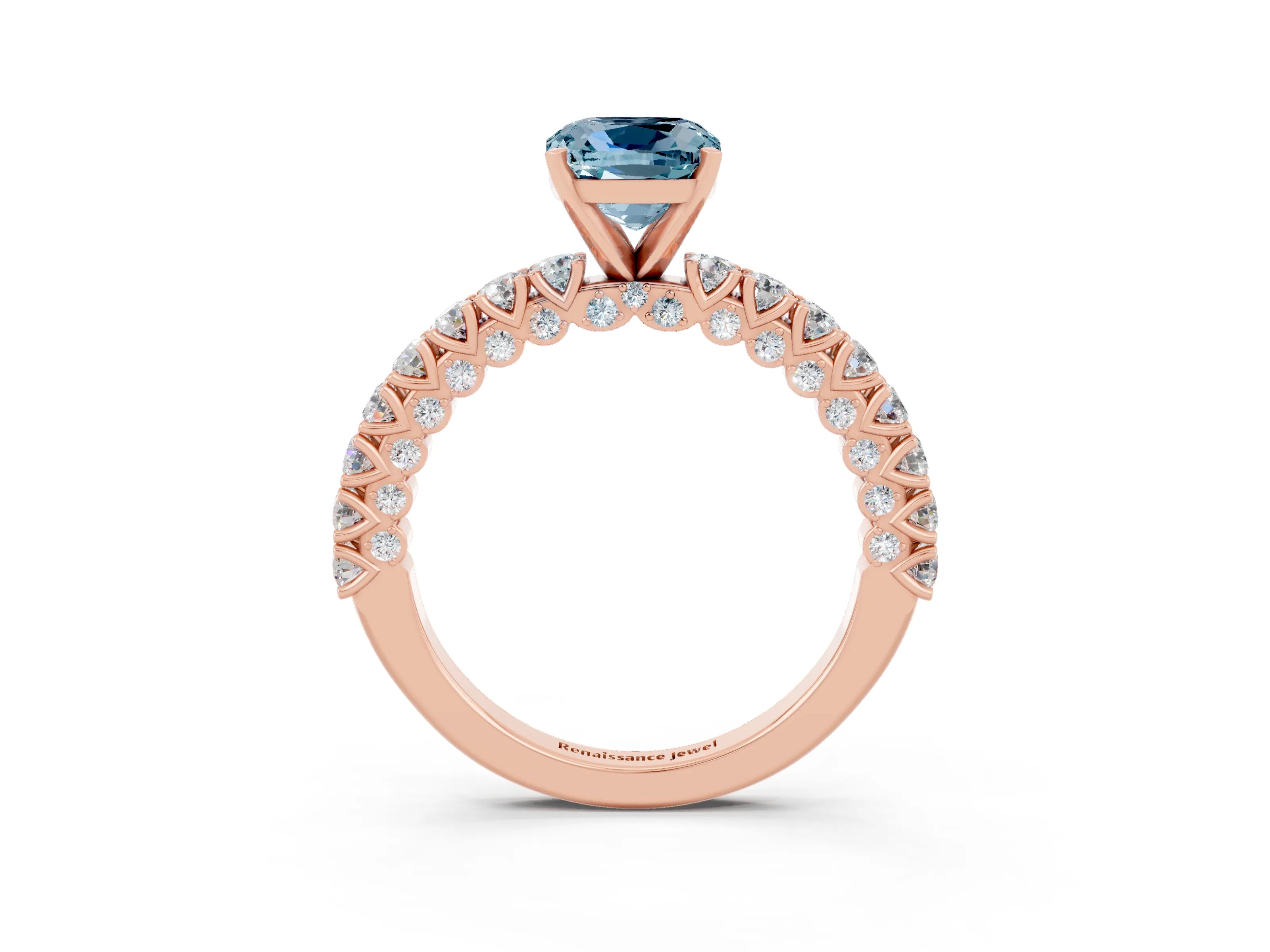 Rose gold Cushion Cut Diamond Pavé Band Solitaire Ring with Prong Setting_3