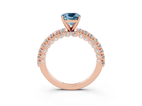 Rose gold Cushion Cut Diamond Pavé Band Solitaire Ring with Prong Setting