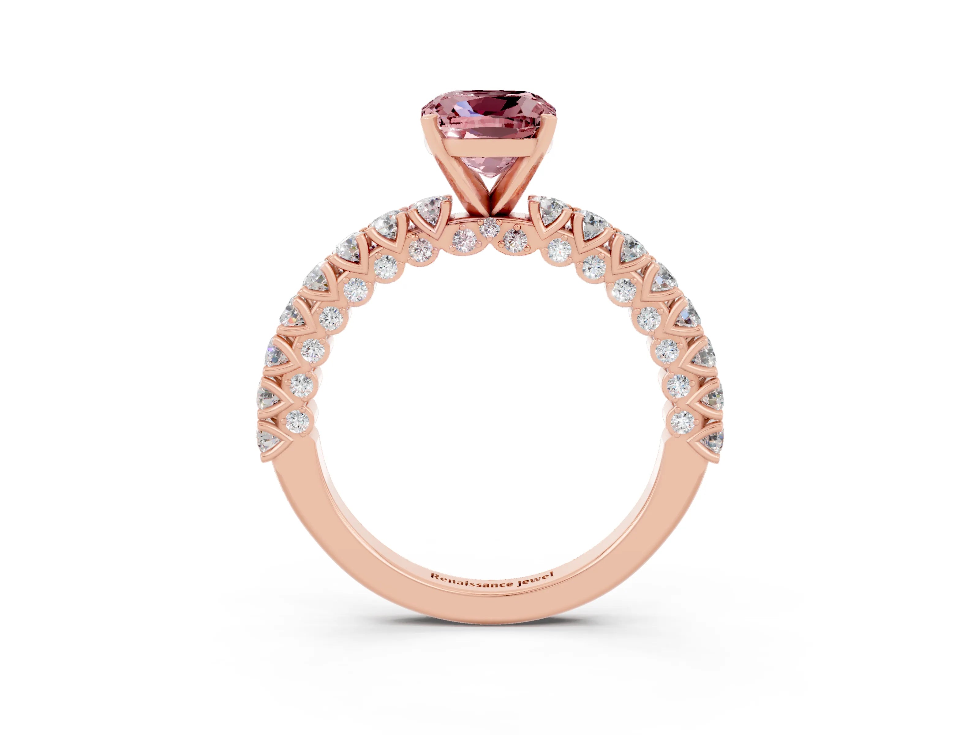Rose gold Cushion Cut Diamond Pavé Band Solitaire Ring with Prong Setting_3