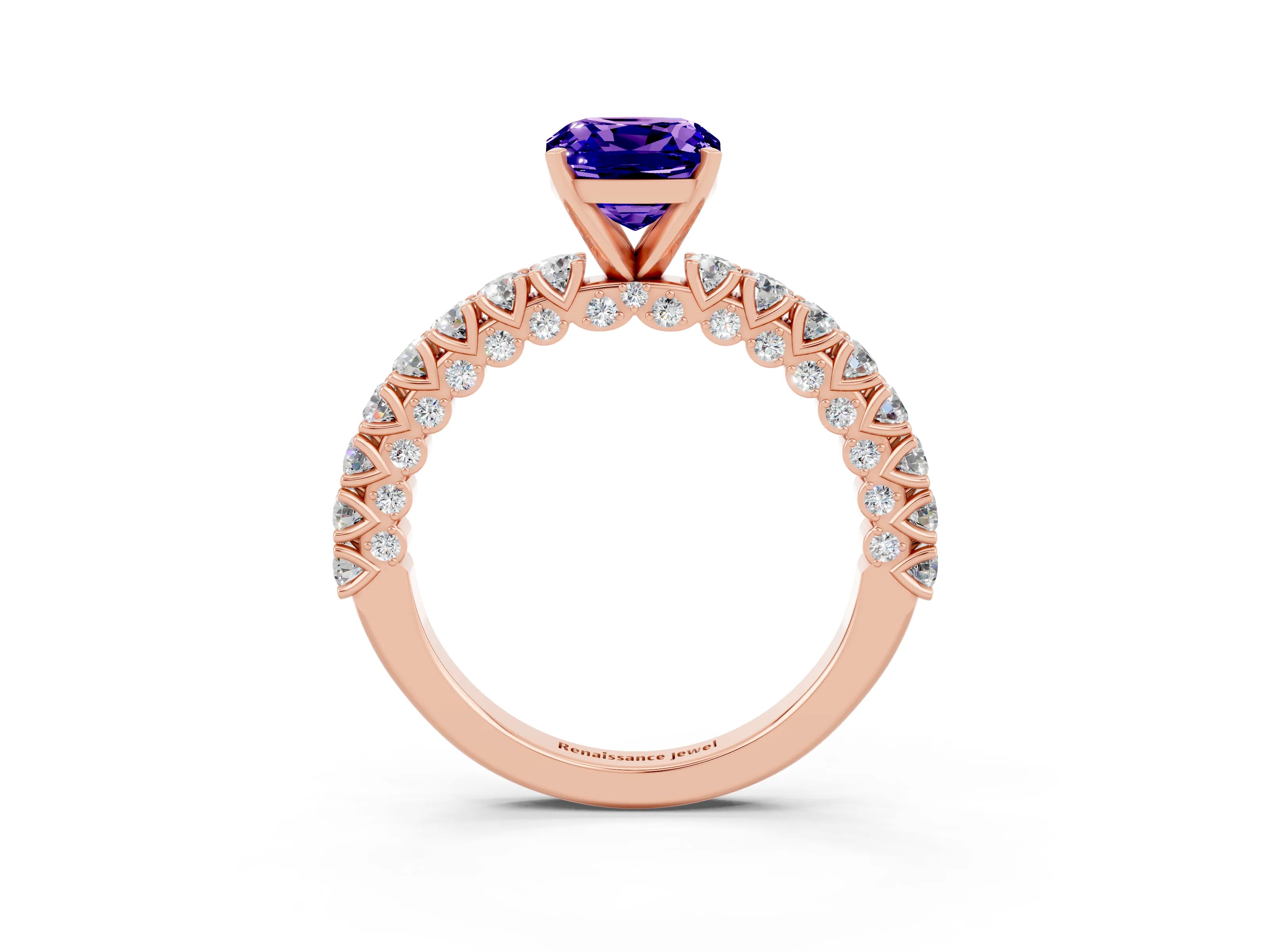 Rose gold Cushion Cut Diamond Pavé Band Solitaire Ring with Prong Setting_3
