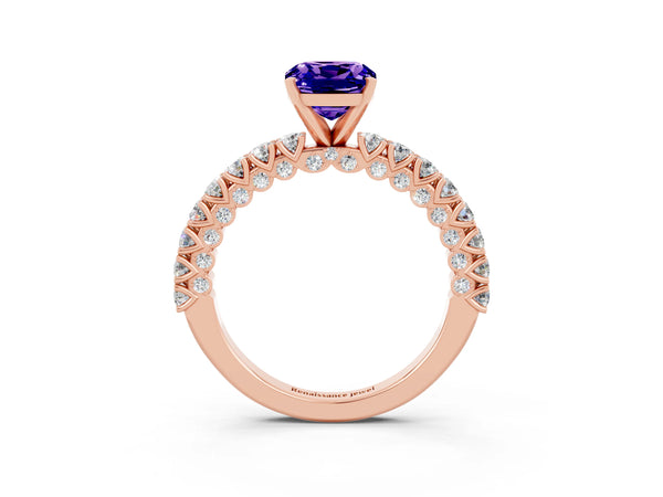 Rose gold Cushion Cut Diamond Pavé Band Solitaire Ring with Prong Setting