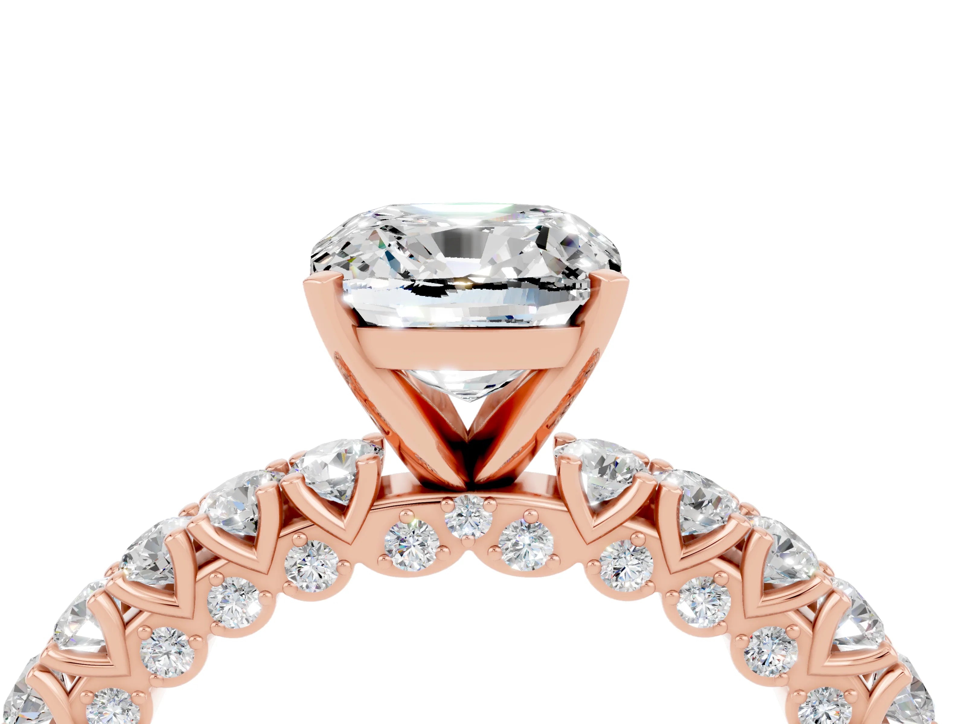 Rose gold Cushion Cut Diamond Pavé Band Solitaire Ring with Prong Setting_4