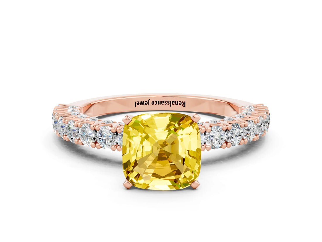 Rose gold Cushion Cut Diamond Pavé Band Solitaire Ring with Prong Setting