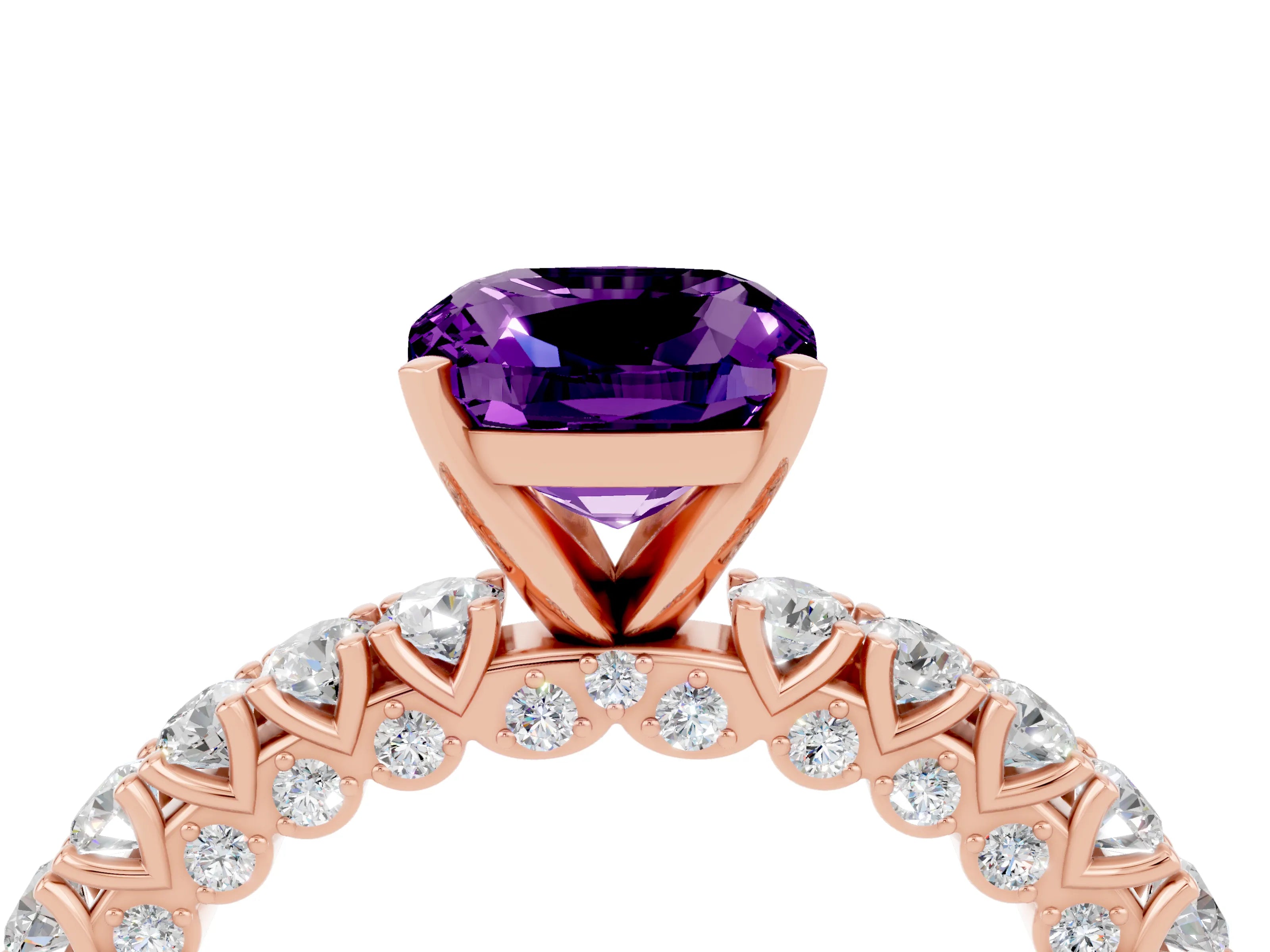 Rose gold Cushion Cut Diamond Pavé Band Solitaire Ring with Prong Setting_4
