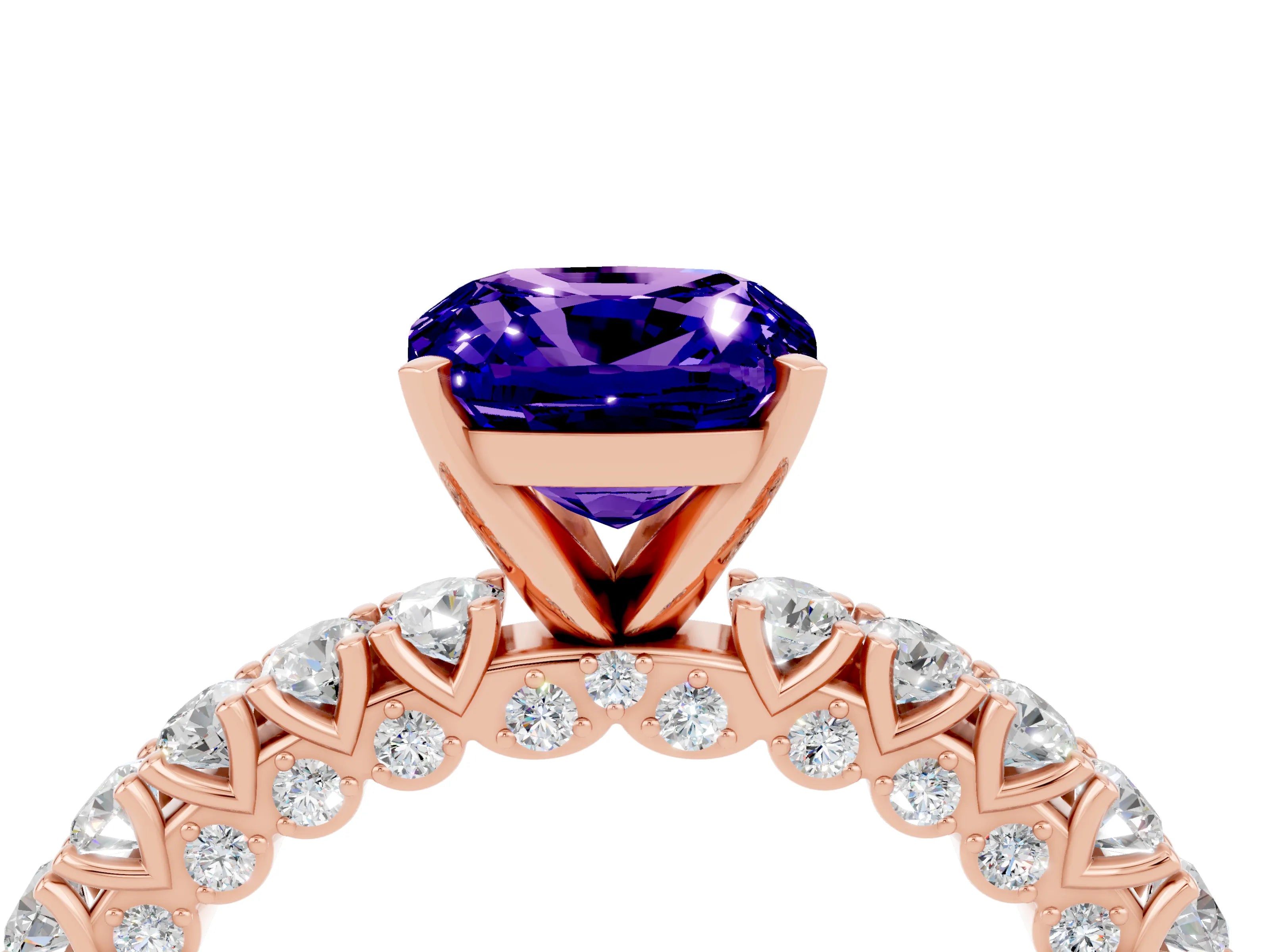 Rose gold Cushion Cut Diamond Pavé Band Solitaire Ring with Prong Setting_4