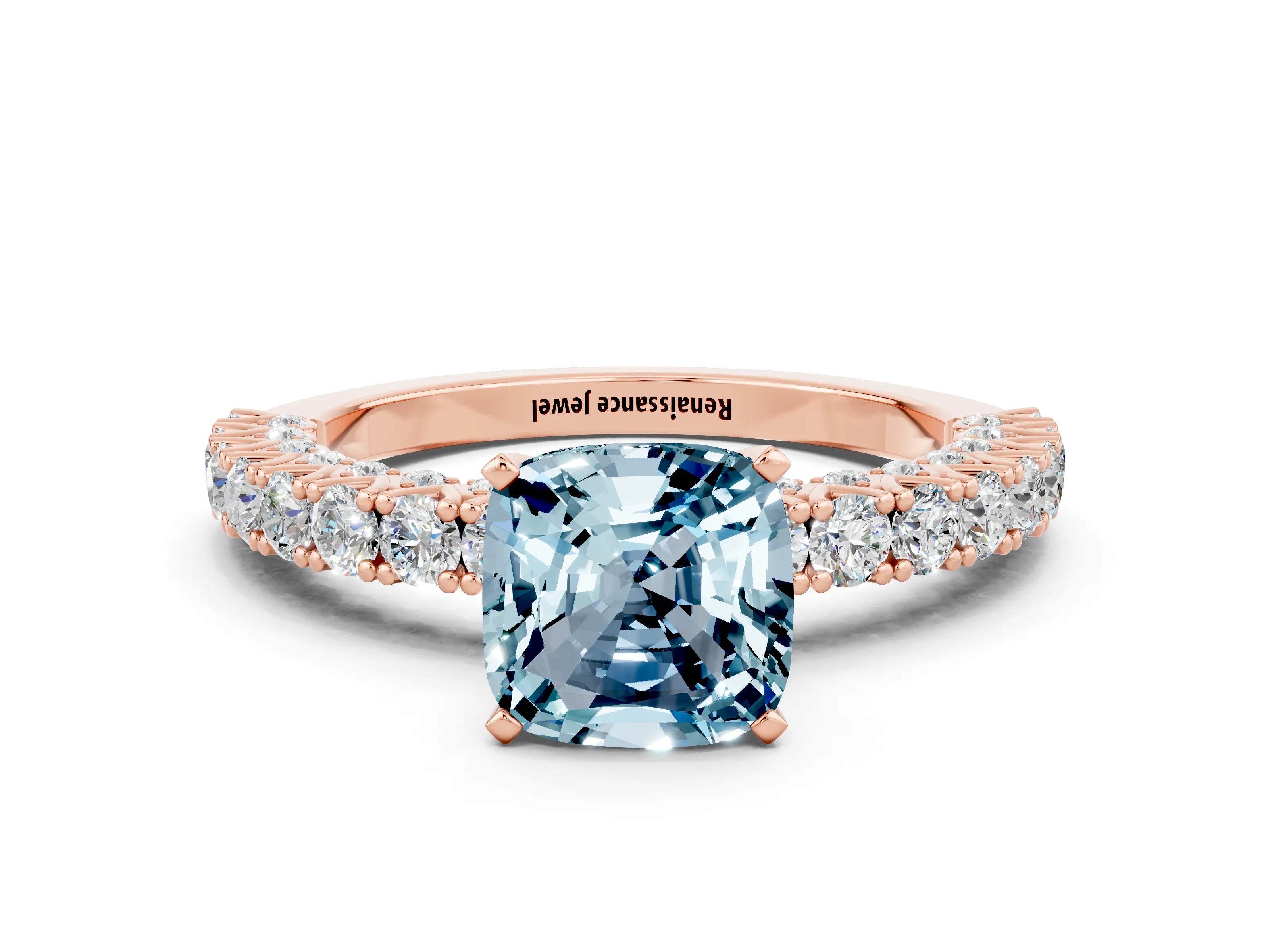Rose gold Cushion Cut Diamond Pavé Band Solitaire Ring with Prong Setting