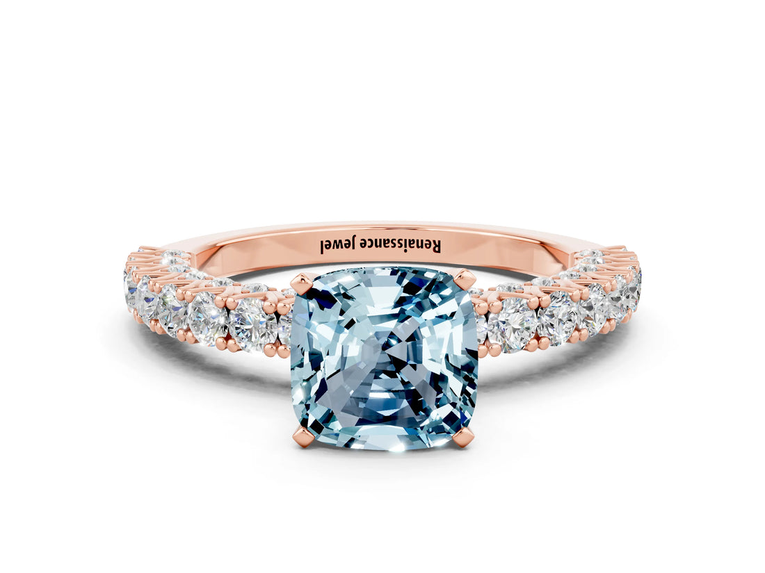 Rose gold Cushion Cut Diamond Pavé Band Solitaire Ring with Prong Setting