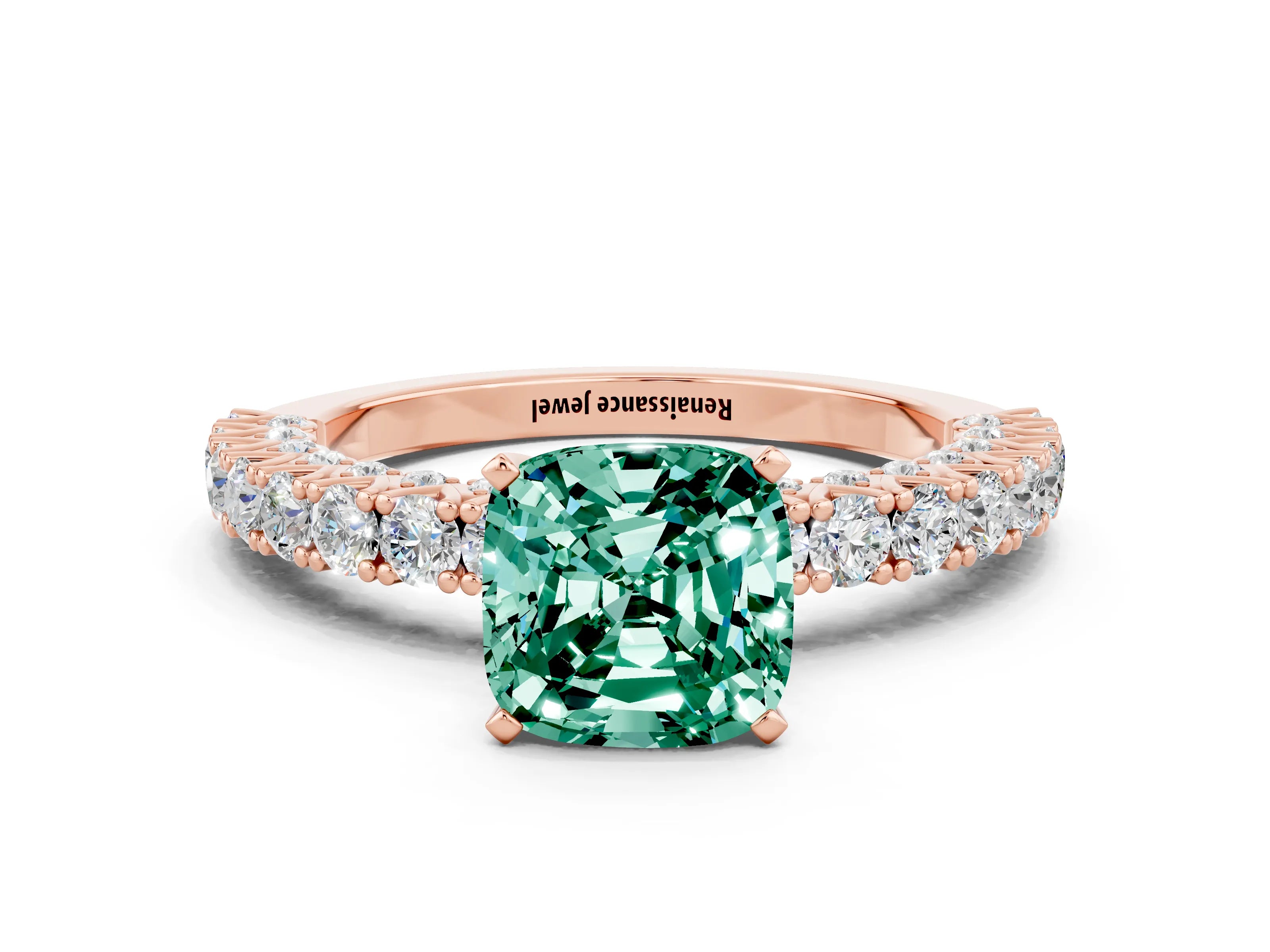 Rose gold Cushion Cut Diamond Pavé Band Solitaire Ring with Prong Setting