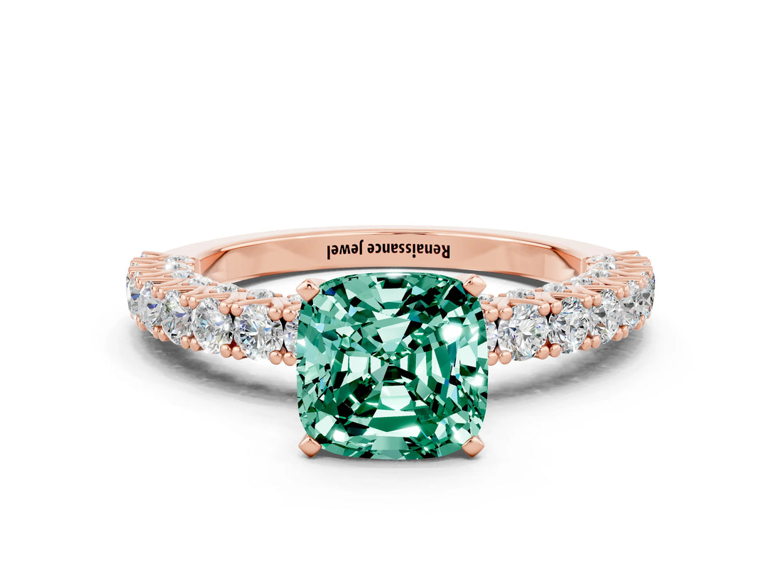 Rose gold Cushion Cut Diamond Pavé Band Solitaire Ring with Prong Setting