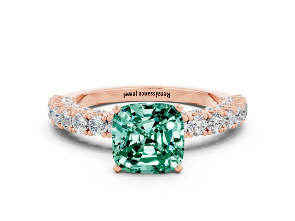 Rose gold Cushion Cut Diamond Pavé Band Solitaire Ring with Prong Setting