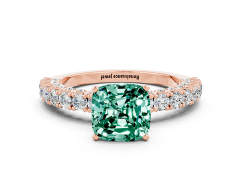 Rose gold Cushion Cut Diamond Pavé Band Solitaire Ring with Prong Setting