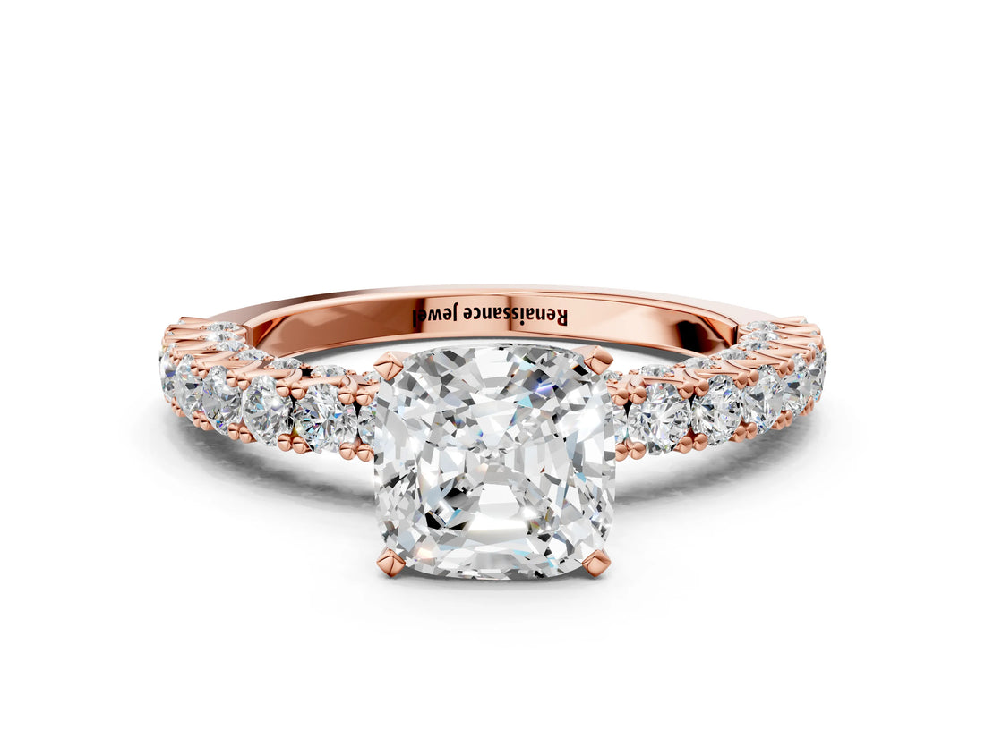 Rose gold Cushion Cut Diamond Pavé Band Solitaire Ring with Prong Setting_64