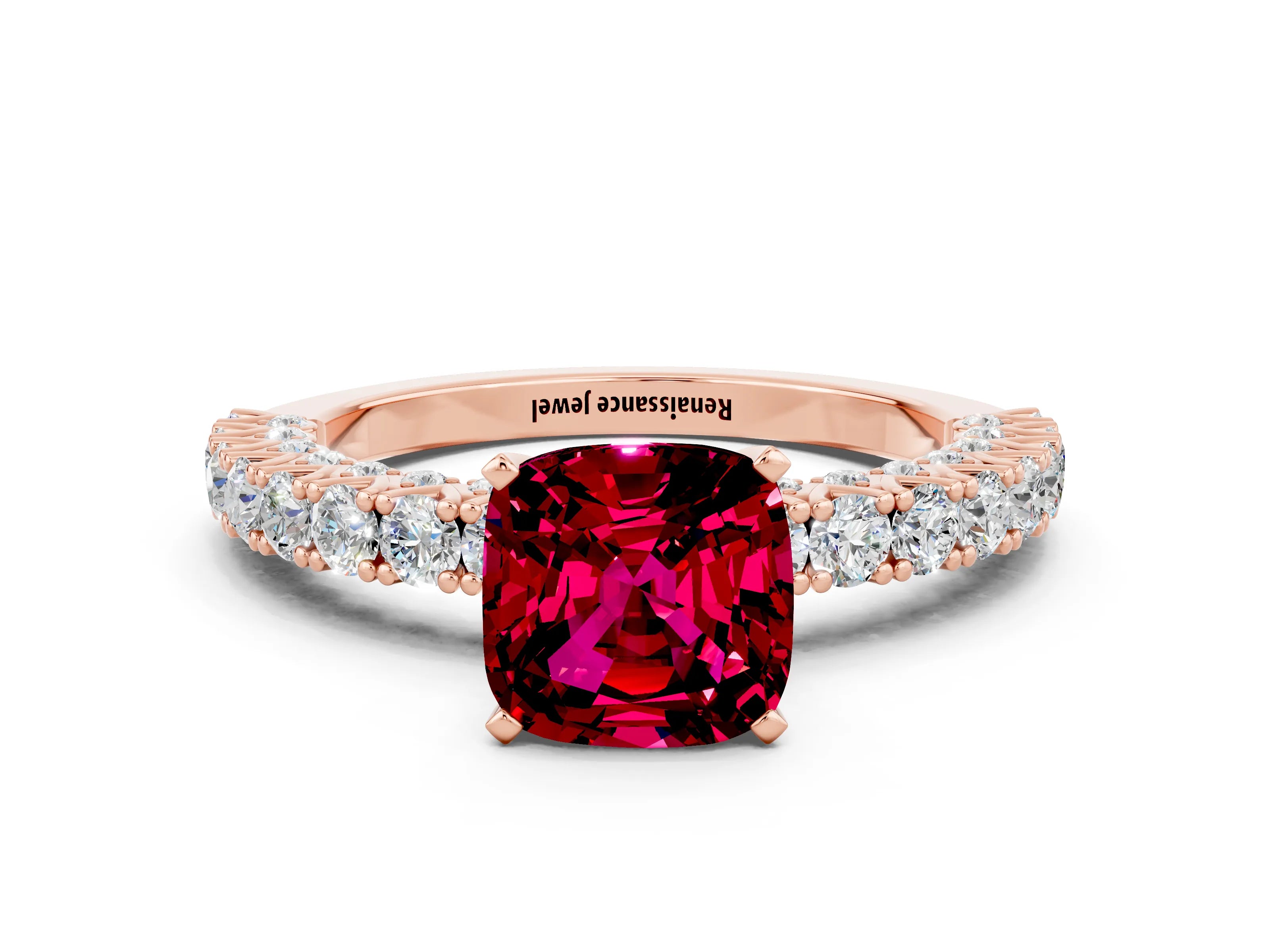 Rose gold Cushion Cut Diamond Pavé Band Solitaire Ring with Prong Setting