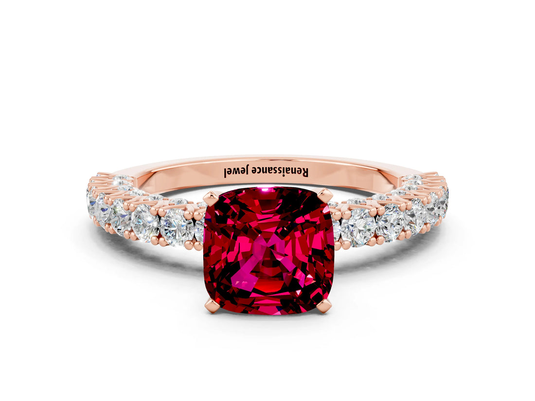 Rose gold Cushion Cut Diamond Pavé Band Solitaire Ring with Prong Setting