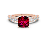 Rose gold Cushion Cut Diamond Pavé Band Solitaire Ring with Prong Setting