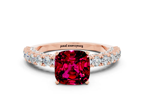 Rose gold Cushion Cut Diamond Pavé Band Solitaire Ring with Prong Setting