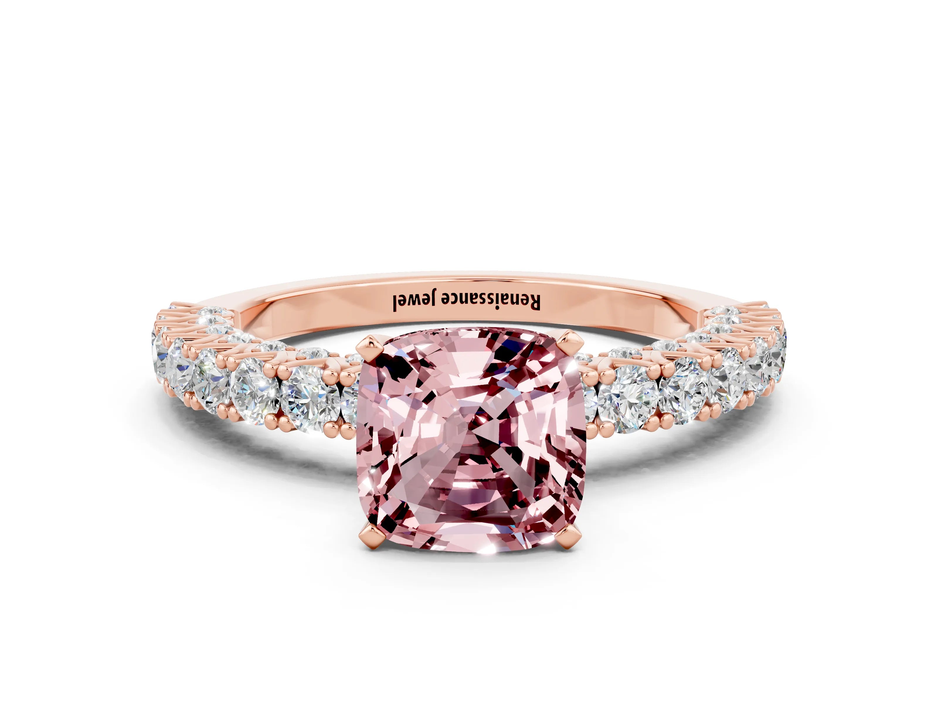 Rose gold Cushion Cut Diamond Pavé Band Solitaire Ring with Prong Setting