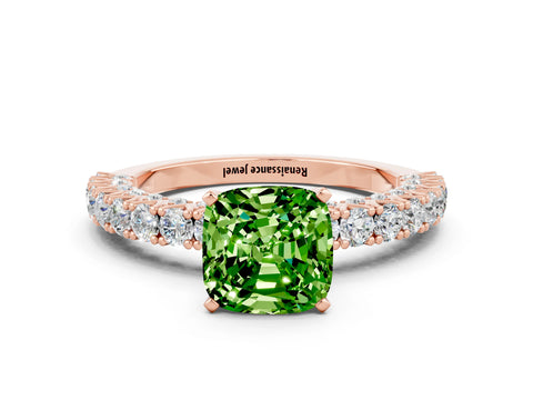 Rose gold Cushion Cut Diamond Pavé Band Solitaire Ring with Prong Setting