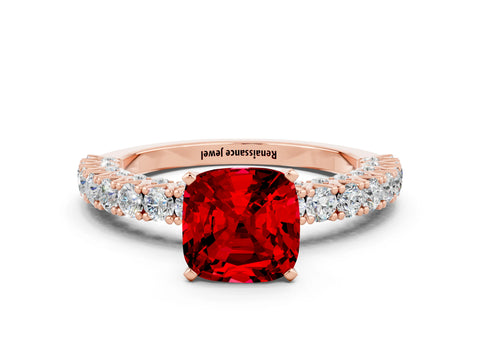 Rose gold Cushion Cut Diamond Pavé Band Solitaire Ring with Prong Setting