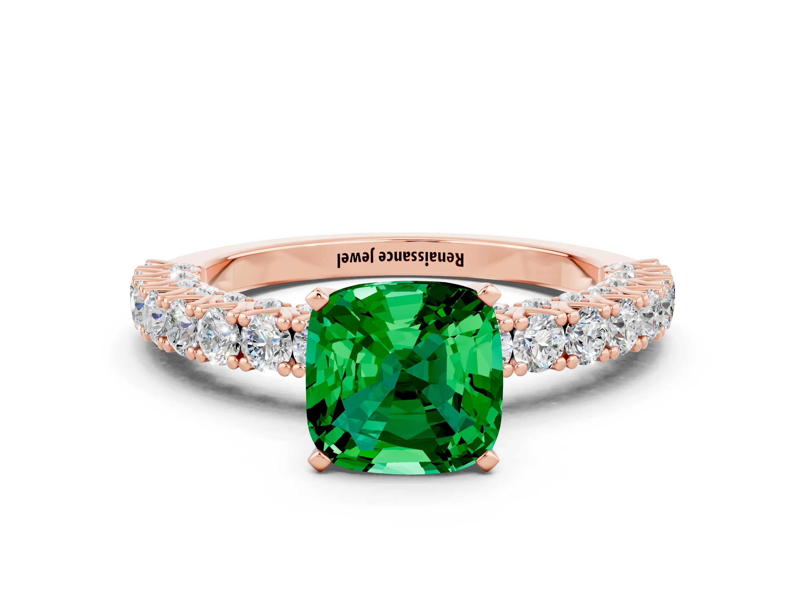 Rose gold Cushion Cut Diamond Pavé Band Solitaire Ring with Prong Setting