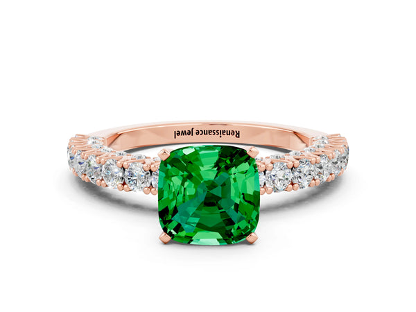 Rose gold Cushion Cut Diamond Pavé Band Solitaire Ring with Prong Setting