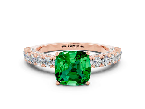 Rose gold Cushion Cut Diamond Pavé Band Solitaire Ring with Prong Setting