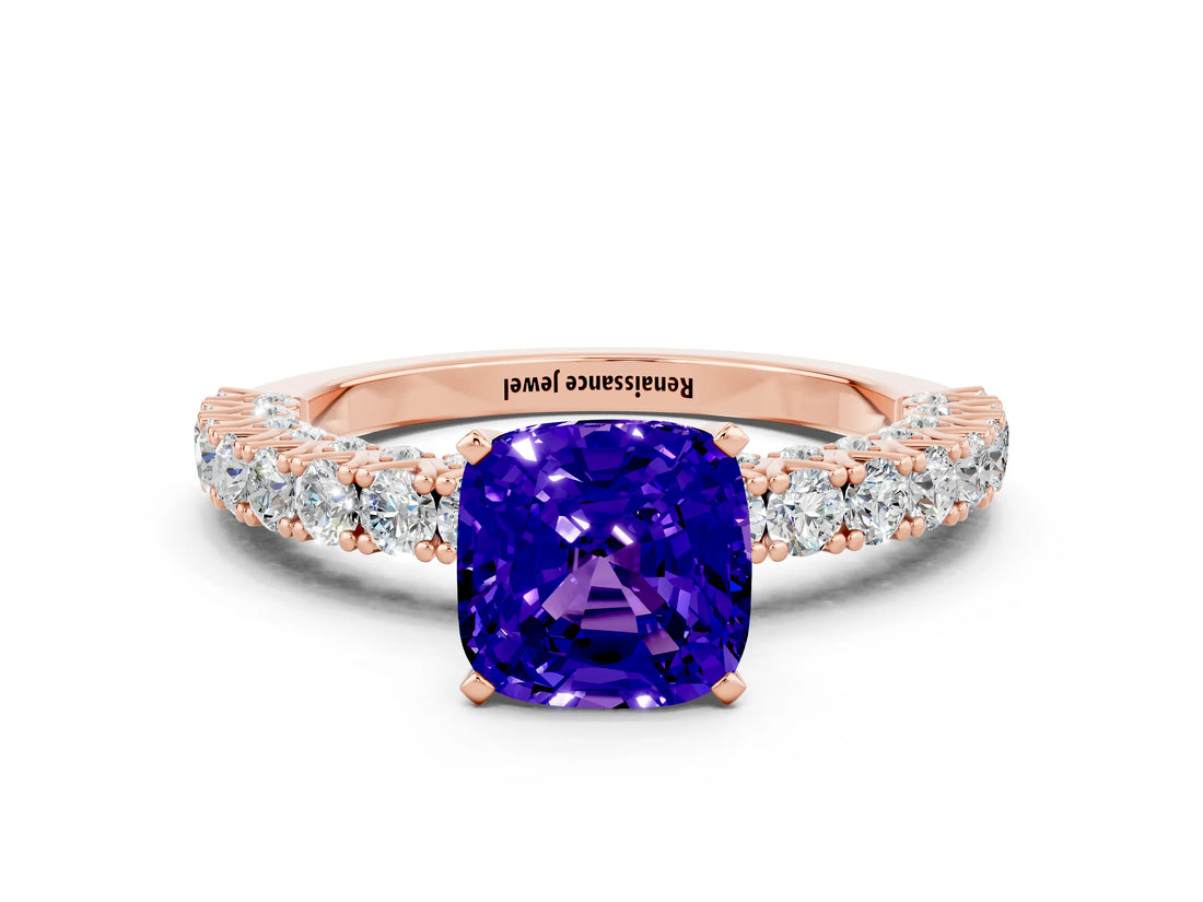 Rose gold Cushion Cut Diamond Pavé Band Solitaire Ring with Prong Setting