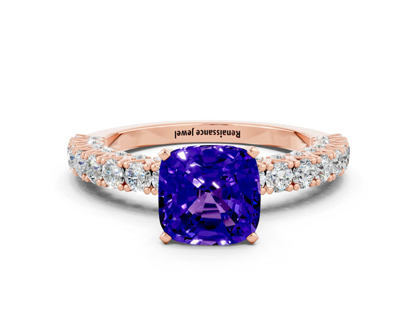 Rose gold Cushion Cut Diamond Pavé Band Solitaire Ring with Prong Setting