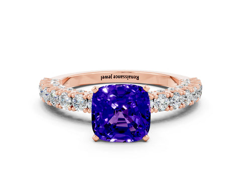Rose gold Cushion Cut Diamond Pavé Band Solitaire Ring with Prong Setting
