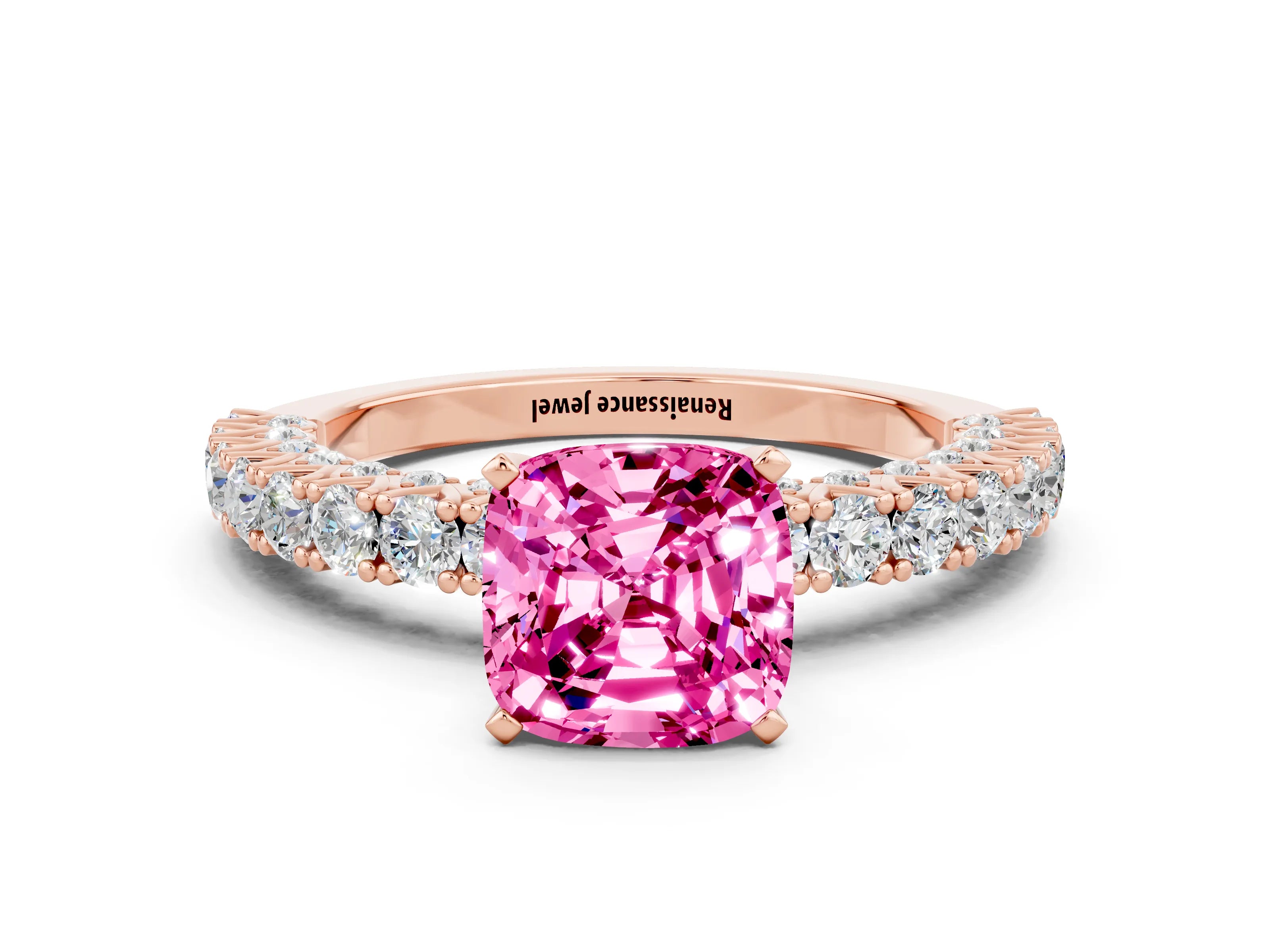 Rose gold Cushion Cut Diamond Pavé Band Solitaire Ring with Prong Setting