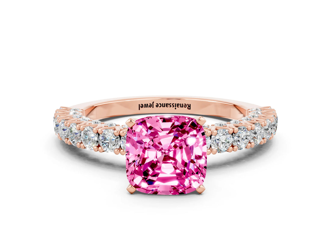 Rose gold Cushion Cut Diamond Pavé Band Solitaire Ring with Prong Setting
