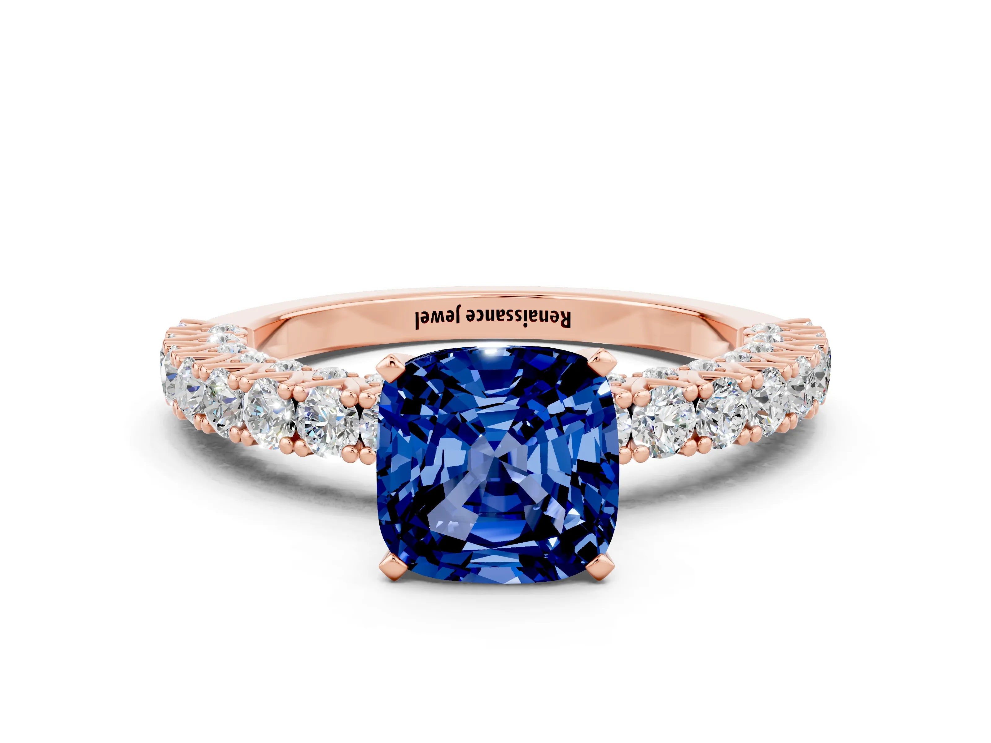 Rose gold Cushion Cut Diamond Pavé Band Solitaire Ring with Prong Setting