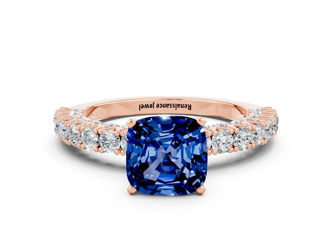 Rose gold Cushion Cut Diamond Pavé Band Solitaire Ring with Prong Setting