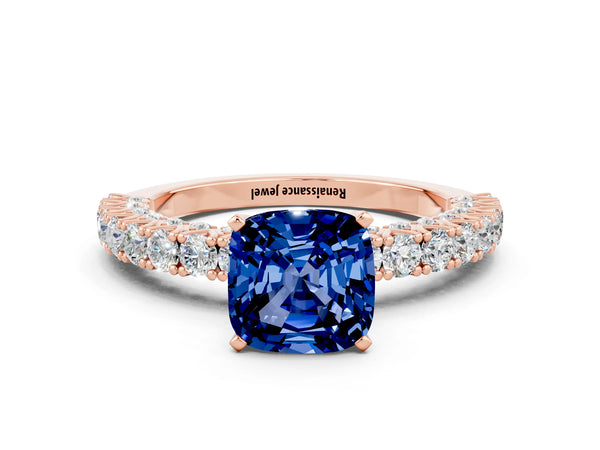 Rose gold Cushion Cut Diamond Pavé Band Solitaire Ring with Prong Setting