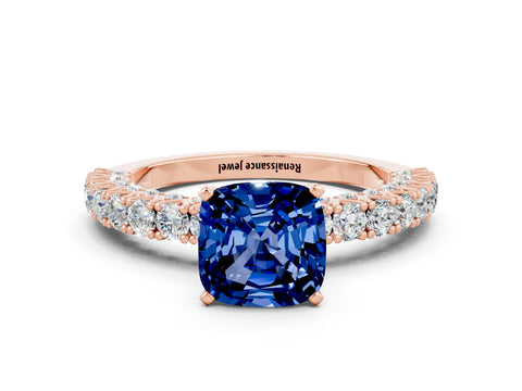 Rose gold Cushion Cut Diamond Pavé Band Solitaire Ring with Prong Setting