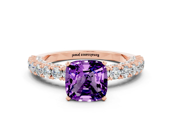 Rose gold Cushion Cut Amethyst Solitaire Ring with Round Accent Pavé Band and Prong Setting