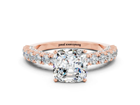 Rose gold Cushion Cut Diamond Pavé Band Solitaire Ring with Prong Setting