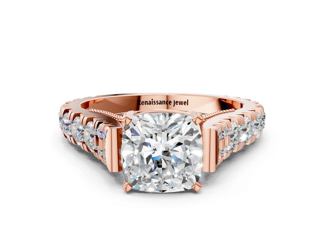 Rose gold Cushion Cut Diamond Pavé Band Solitaire with Four-Prong Setting_23