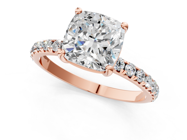 Rose gold Cushion Cut Diamond Solitaire Ring with Micro Pave Band and Four Prong Setting