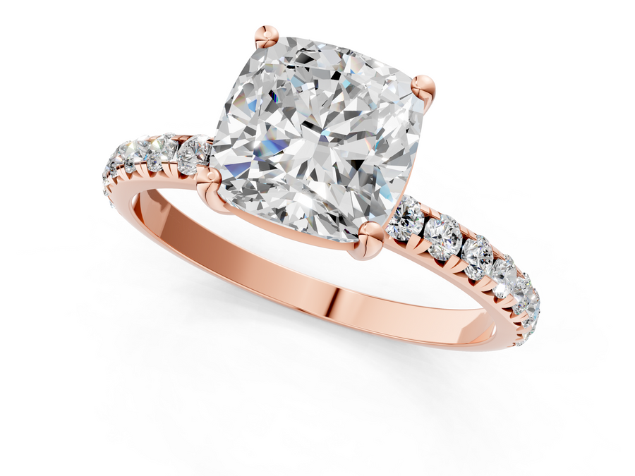 Rose gold Cushion Cut Diamond Solitaire Ring with Micro Pave Band and Four Prong Setting