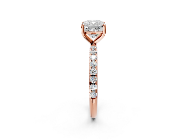 Rose gold Cushion Cut Diamond Solitaire Ring with Micro Pave Band and Four Prong Setting
