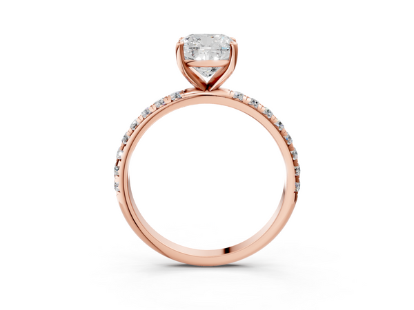 Rose gold Cushion Cut Diamond Solitaire Ring with Micro Pave Band and Four Prong Setting