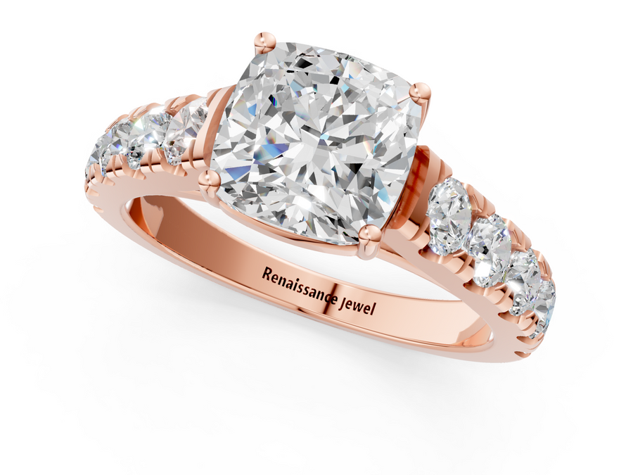 Rose gold Cushion Cut Diamond Solitaire Ring with Micro Pave Band and Prong Setting