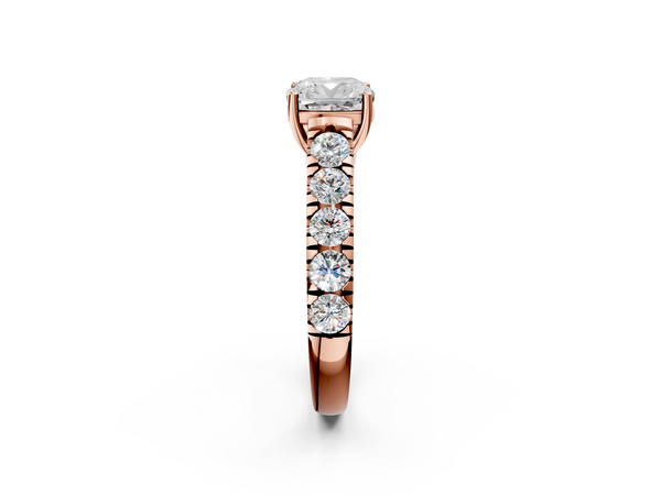 Rose gold Cushion Cut Diamond Solitaire Ring with Micro Pave Band and Prong Setting
