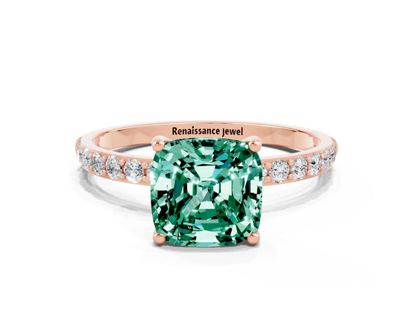Rose gold Cushion Cut Green Sapphire Solitaire Ring with Round Pavé Shoulders and Prong Setting